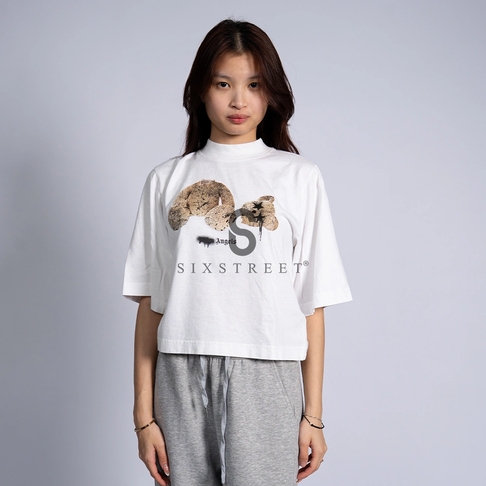 Palm Angels Cropped Tee Sprayed Bear White Brown FW21