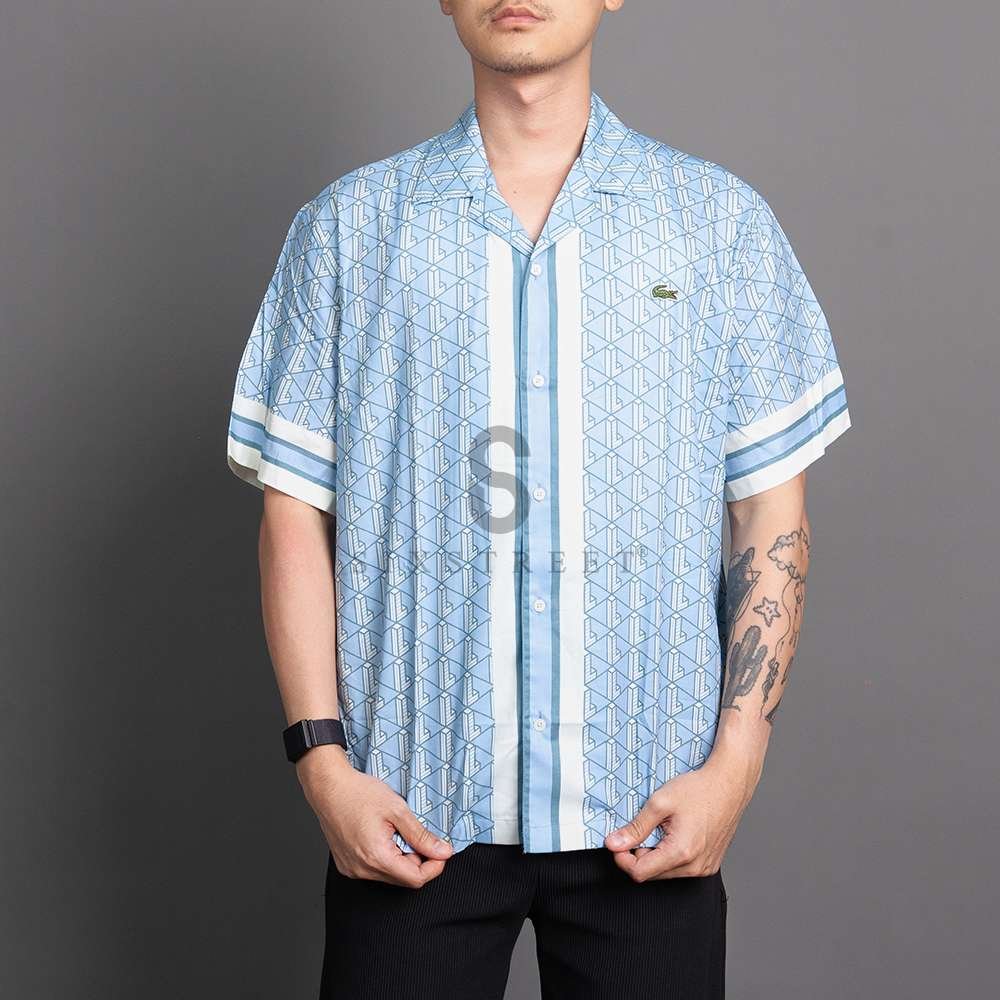 LACOSTE Shirt Monogram Relaxed Fit Light Blue