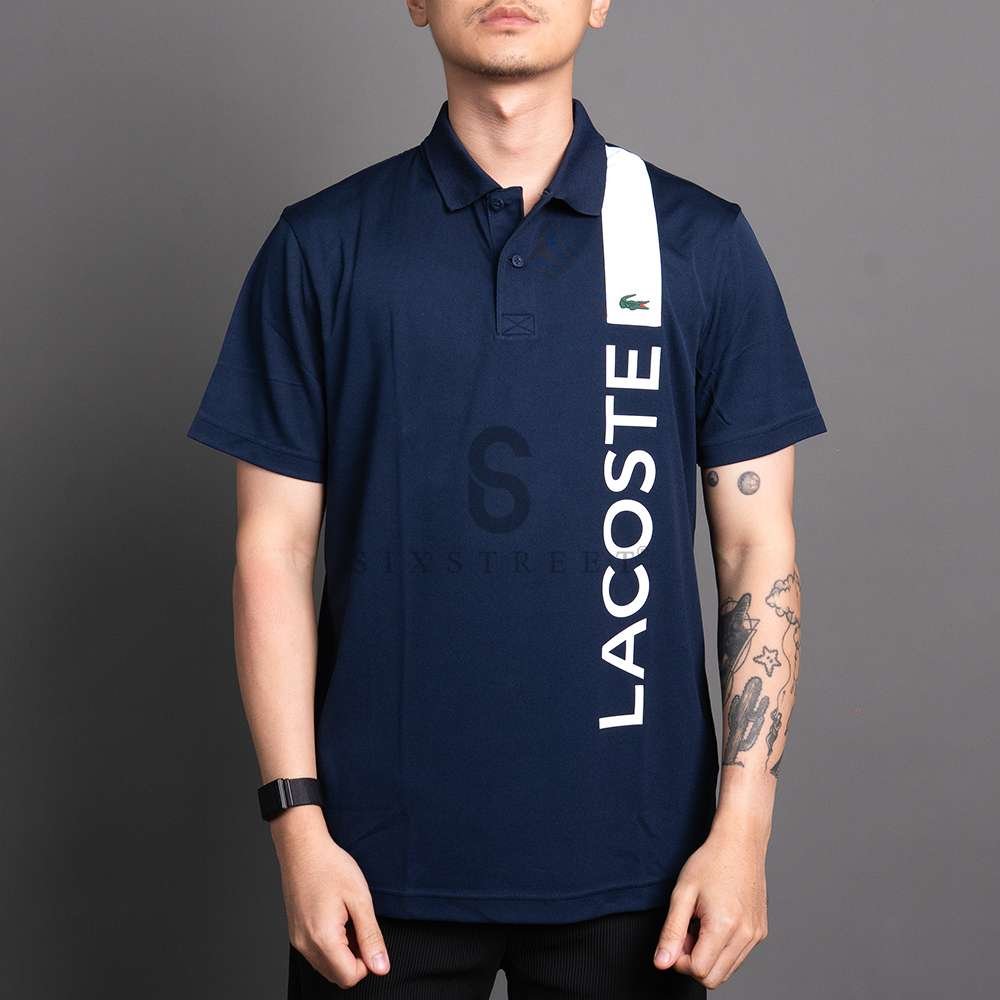LACOSTE Polo Shirt Ultra Dry Print Branding Tennis Regular Fit Navy