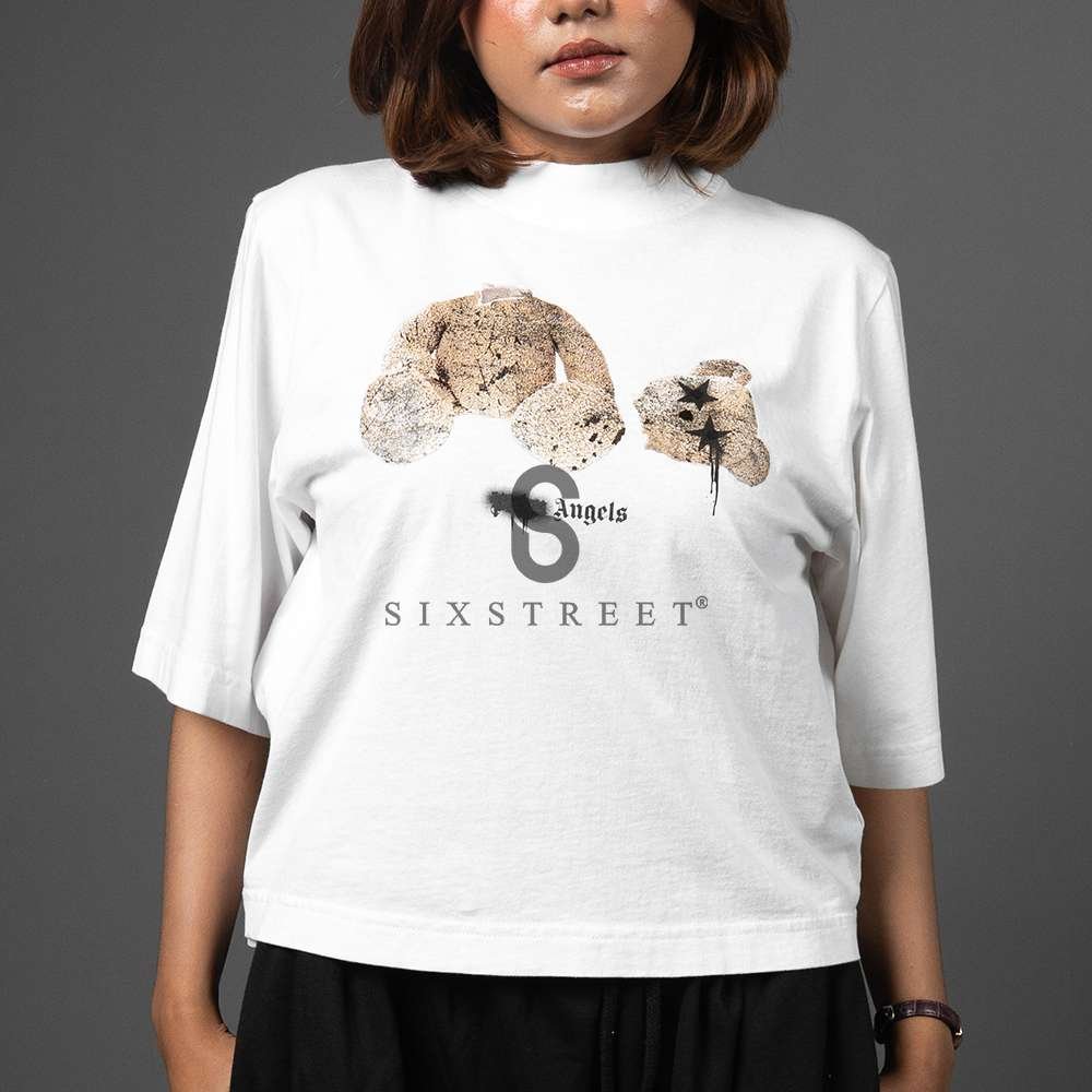 Palm Angels Cropped Tee Sprayed Bear White Brown FW21