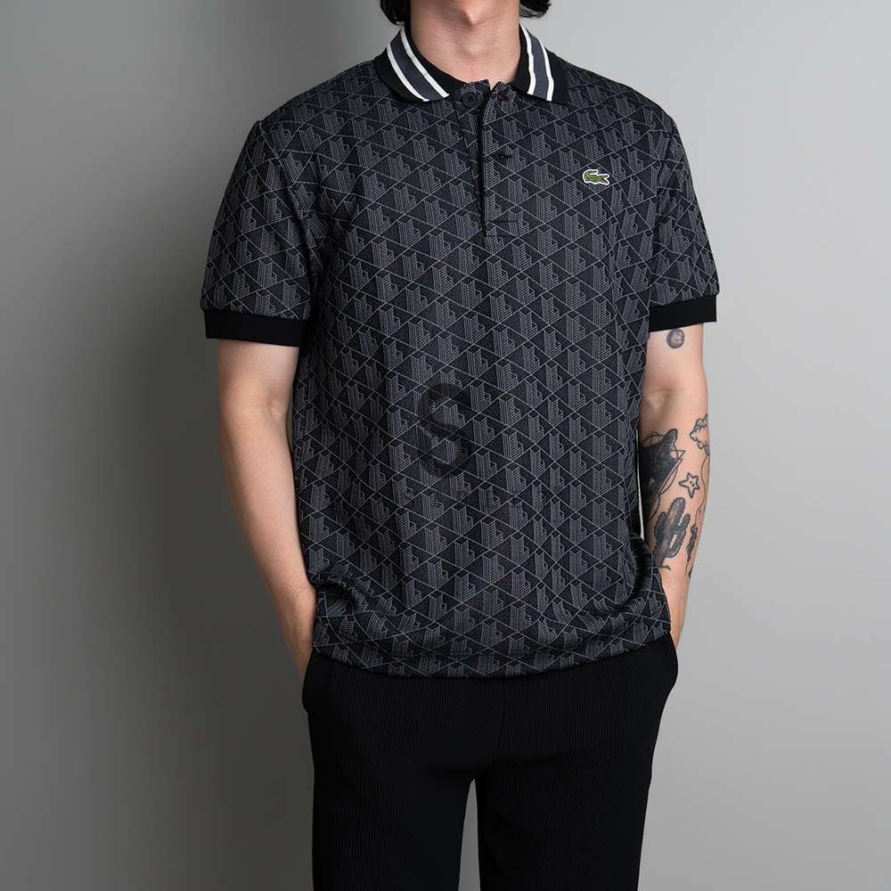 LACOSTE Polo Shirt Monogram Jacquard Classic Fit Black