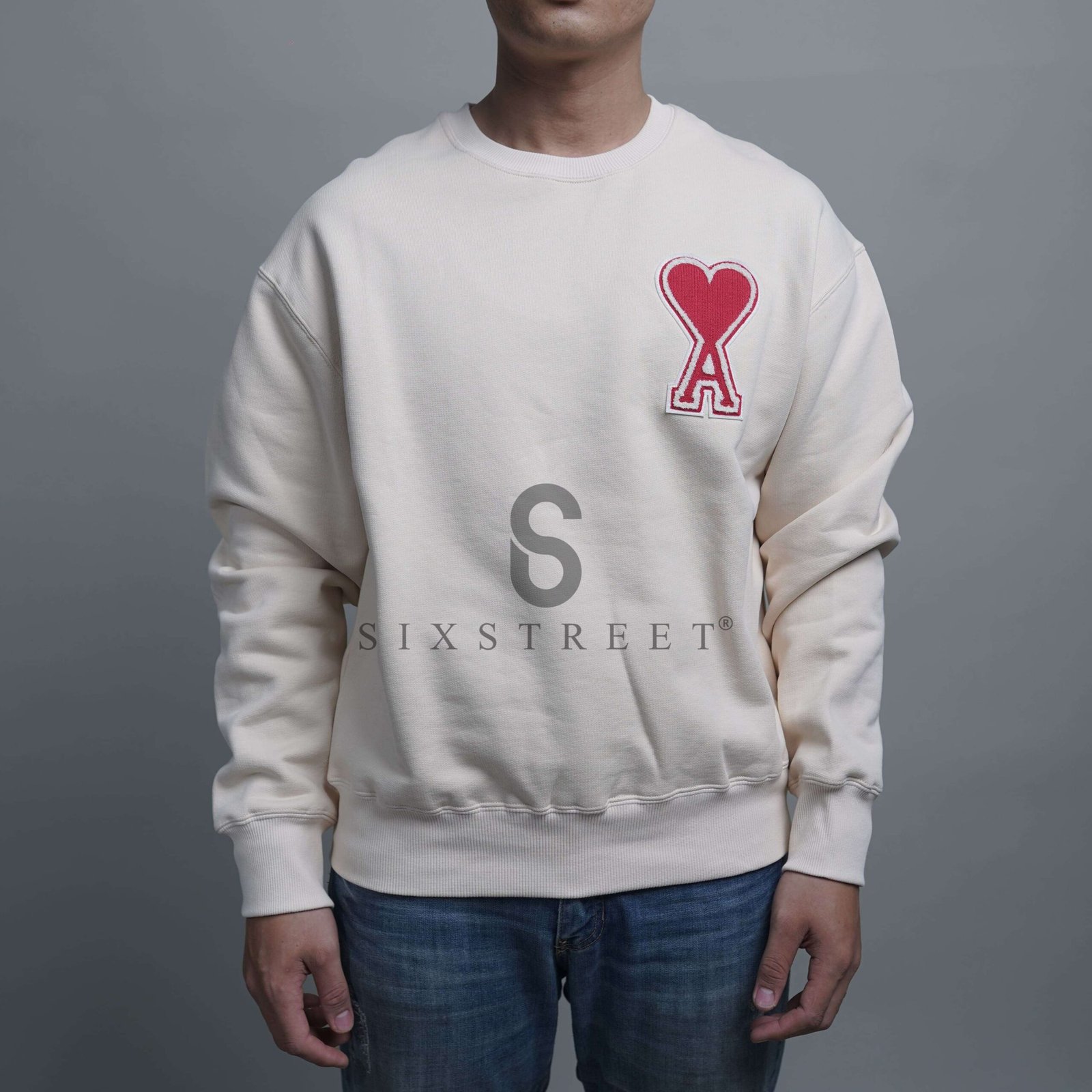 AMI PARIS Sweater Decoeur Red Heart Cream