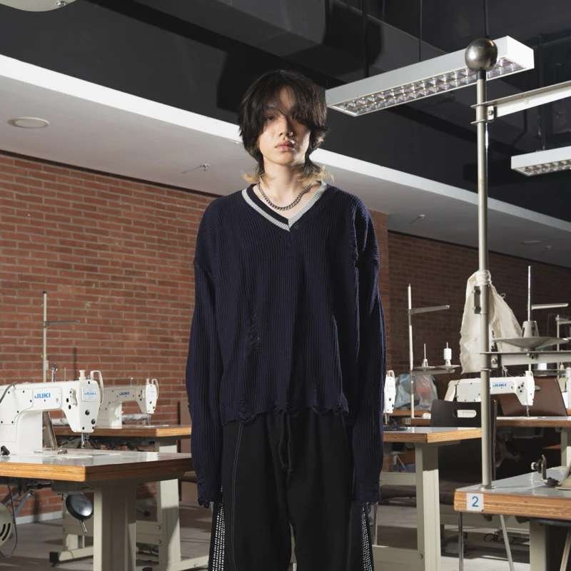 FAITH FADE Sweater Knit Damaged Navy