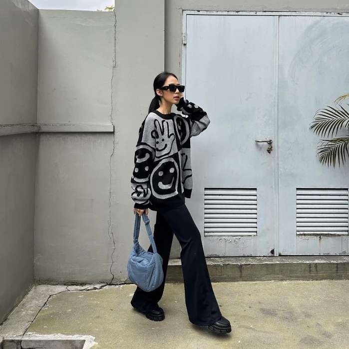 FAITH FADE Sweater Knit Checkered Black